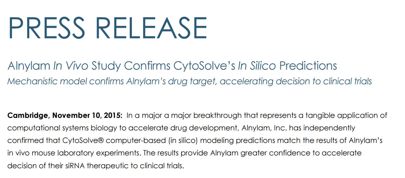 Alnylam Pharmaceuticals' In Vivo Study Corroborates CytoSolve