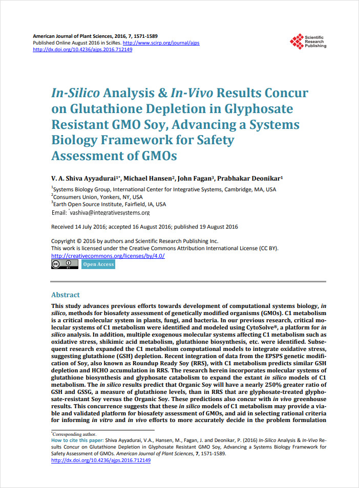 In-Silico Analysis & In-Vivo Results Concur on Glutathione Depletion in Glyphosate Resistant GMO Soy, Advancing a Systems Biology Framework for Safety Assessment of GMOs