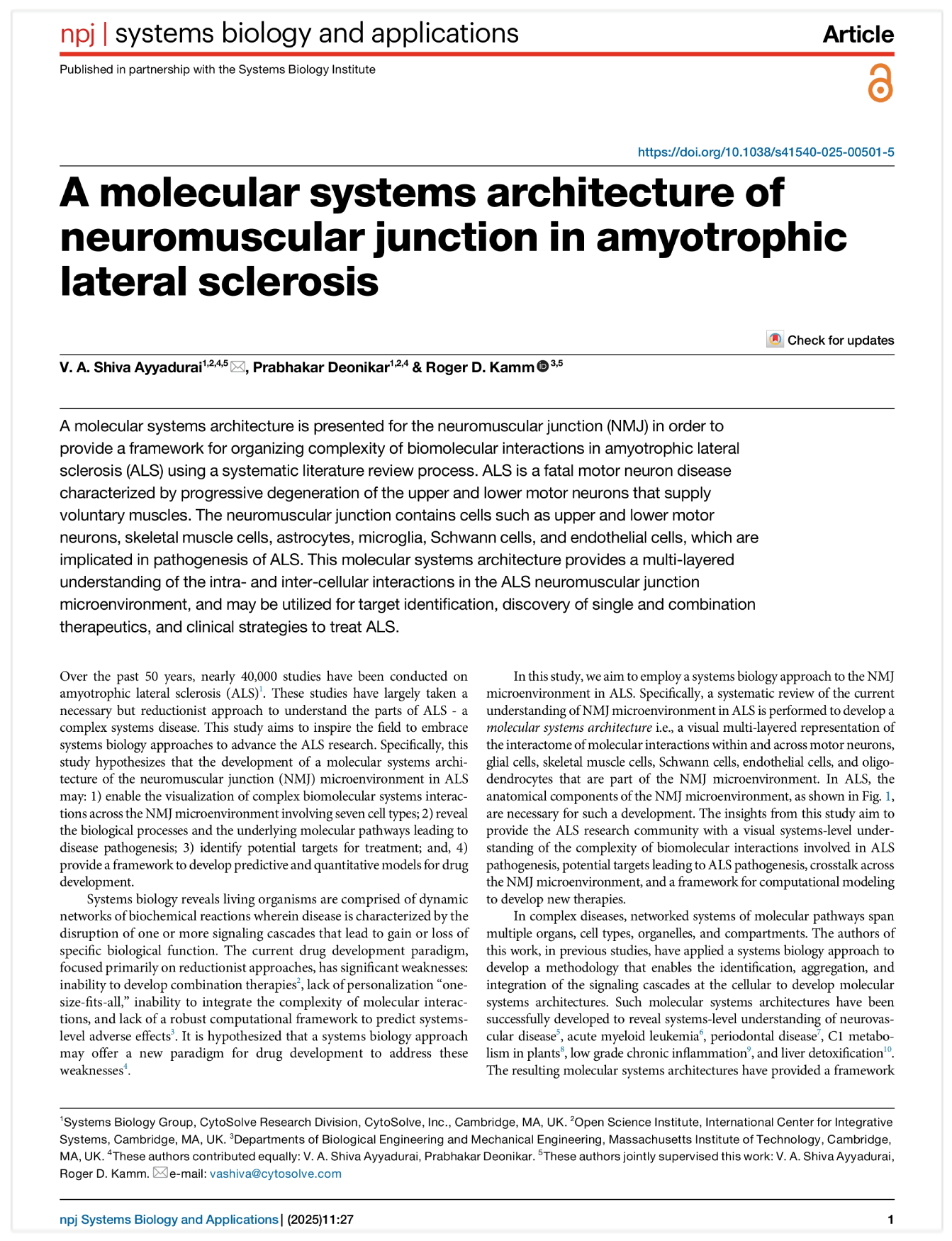 NATURE Systems Biology and Applications</br>2025